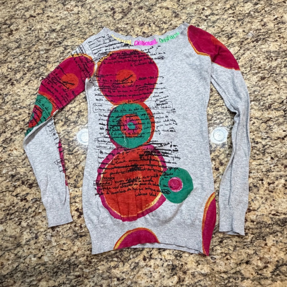 Desigual Womens Gray Artistic Circle Print Script Knit Sweater Size Small ws